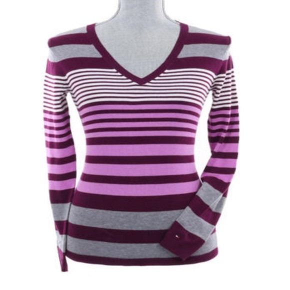 Tommy Hilfiger Long Sleeve V-Neck Stripe Sweater - Picture 1 of 10